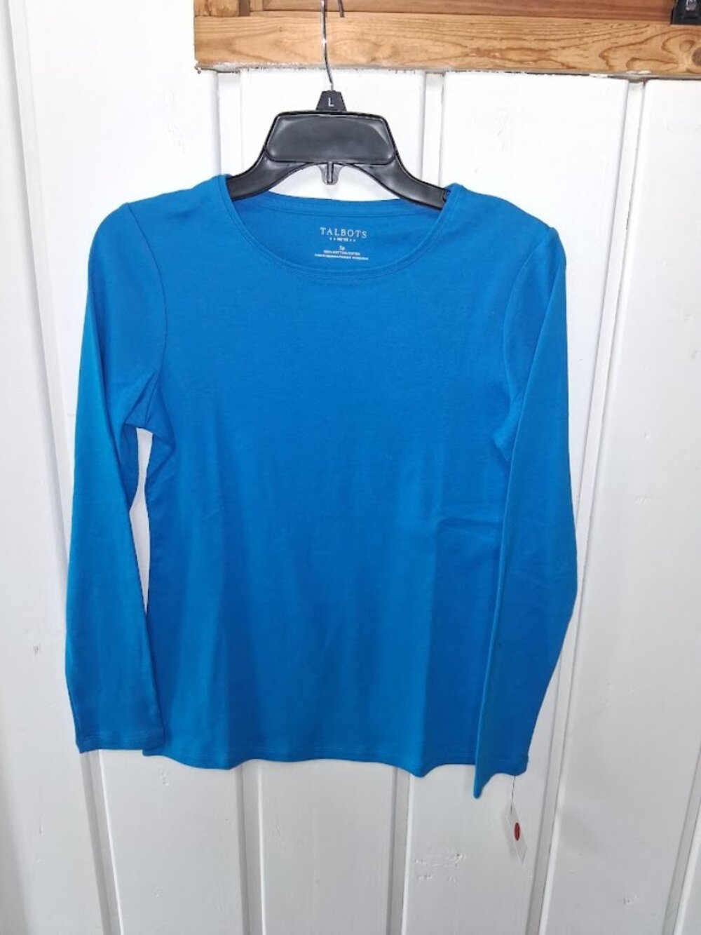 Talbots Cotton Long Sleeve Crew Neck Tee Bright Blue Size PS NWT